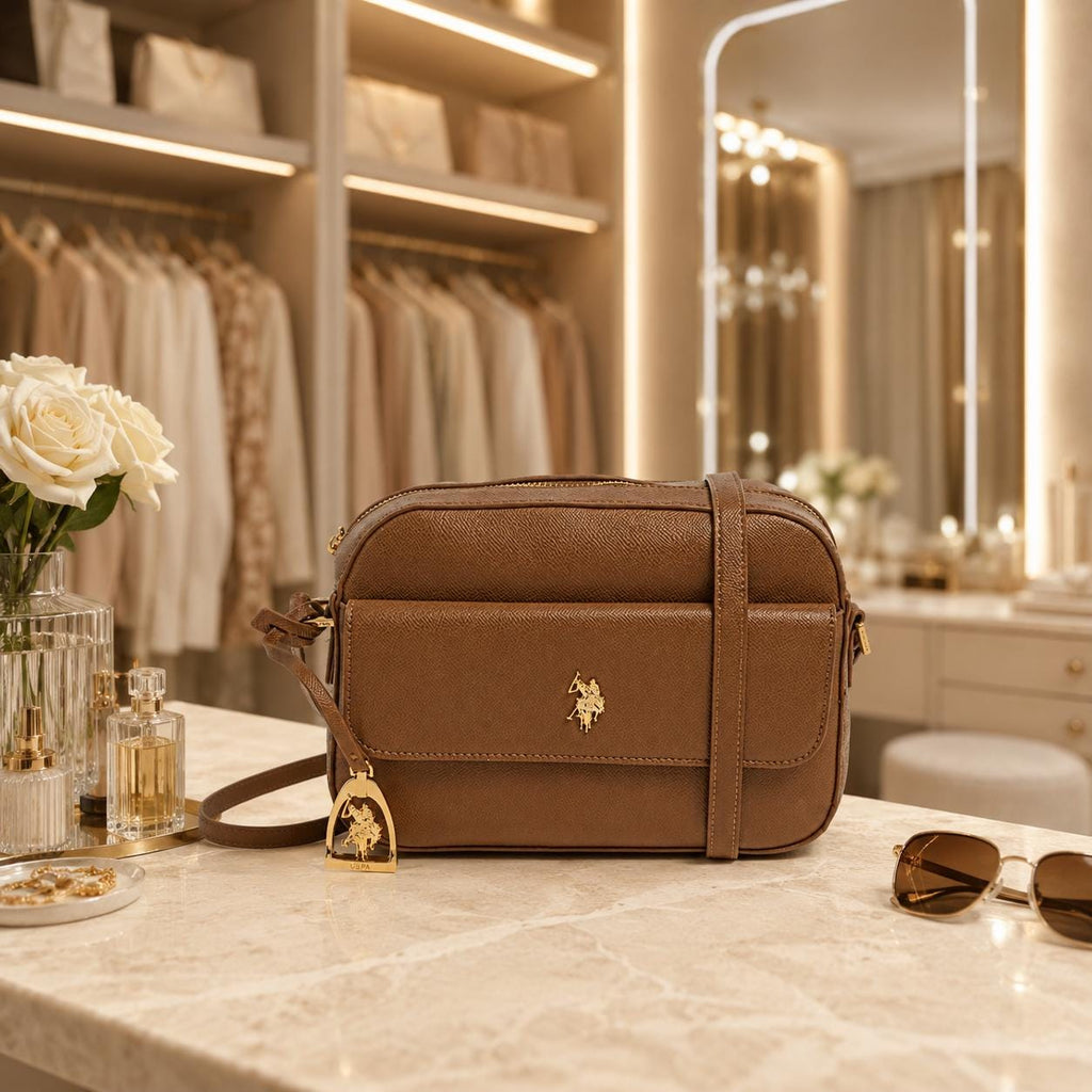 US Polo Assn Brown Crossbody Bag, Jones Pocket Shoulder Bag, Women’s Adjustable Strap Handbag, Brown Everyday Bag