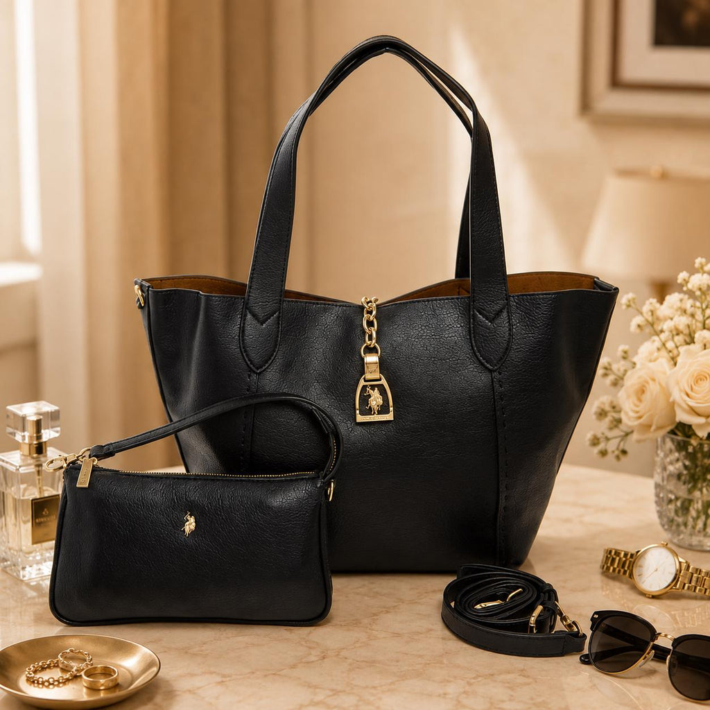 US Polo Assn Black Helcho Tote Bag with Pouch, Womens Pebbled Shoulder Handbag, Gold Hardware Large Shopper, Gift for Her