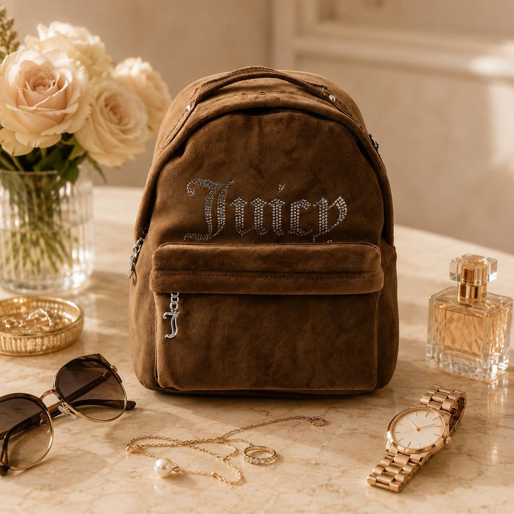 Juicy Couture Brown Velvet Kimberly Backpack, Rhinestone Logo Backpack, Velour Womens Rucksack, Brown Day Bag, Gift for Her