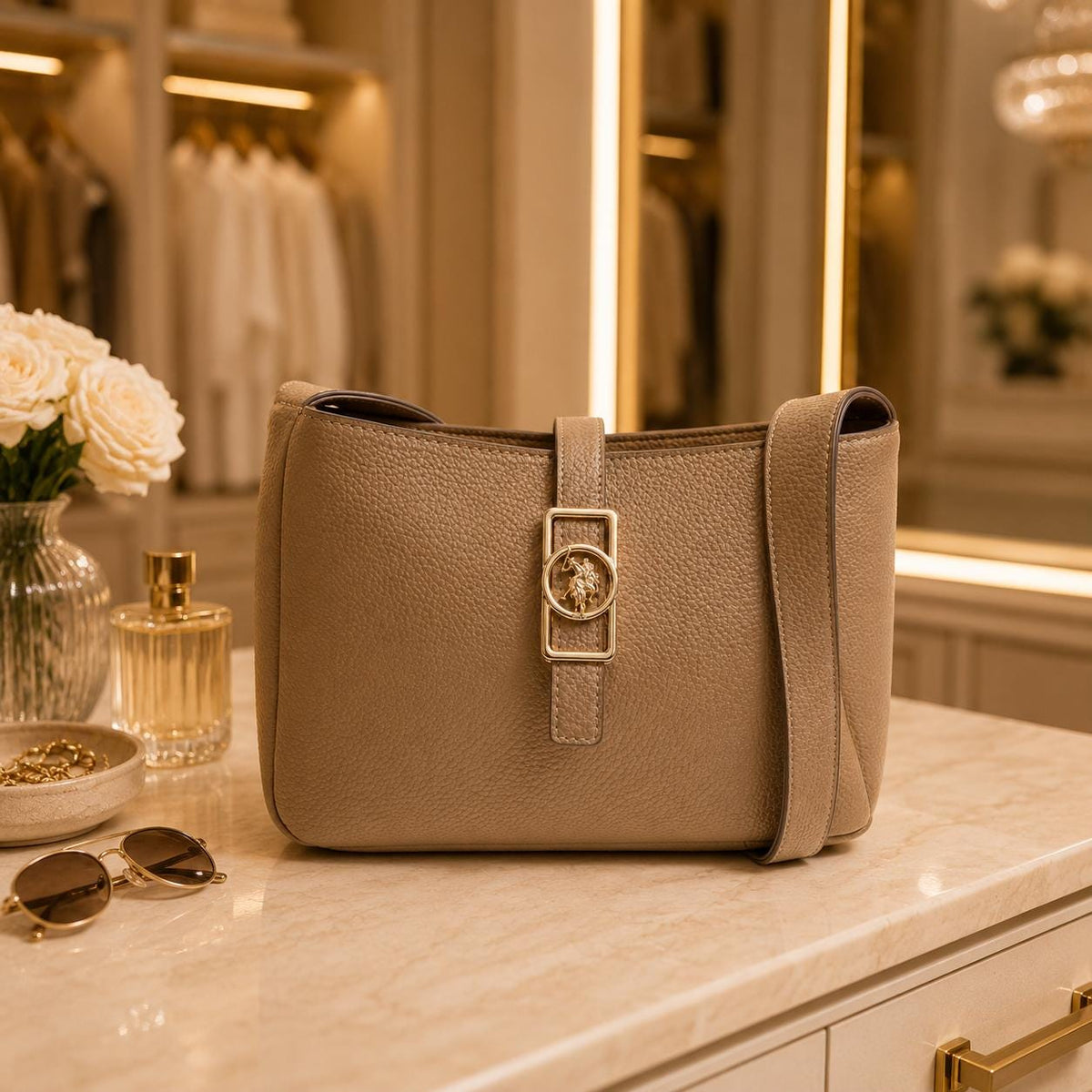 US Polo Assn Beige Shoulder Bag, Sun Faded Handbag, Adjustable Strap Purse, Gold Emblem Everyday Bag, Gift for Her