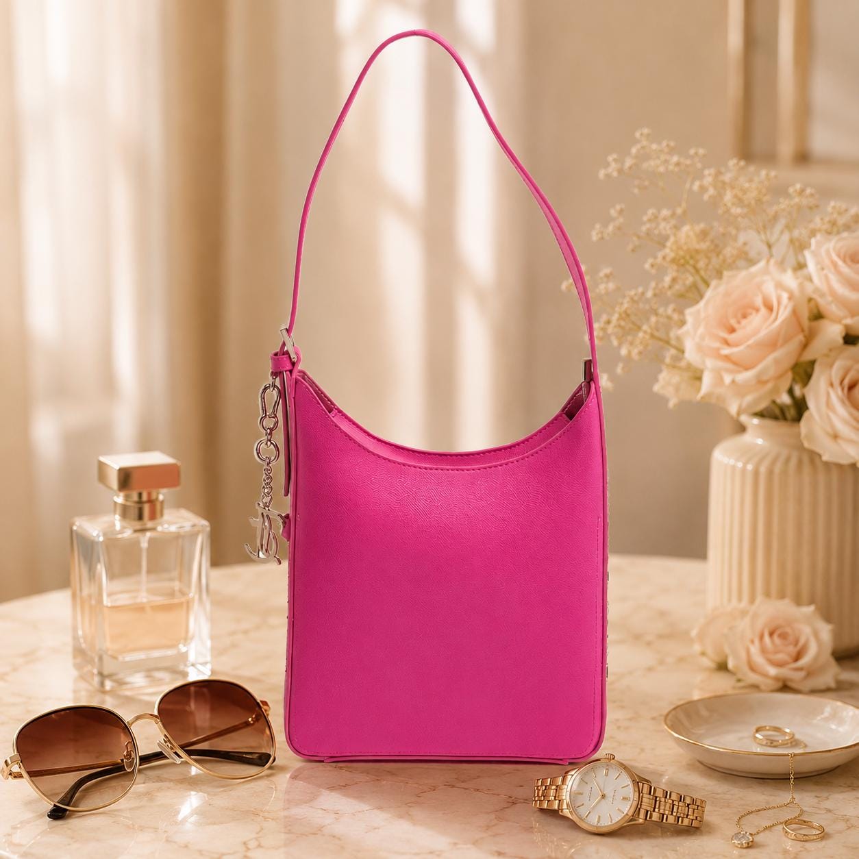 Juicy Couture Pink Tote Bag, Jasmine Shoulder Bag, Hot Pink Handbag, Silver Charm Purse, Womens Designer Bag, Gift for Her