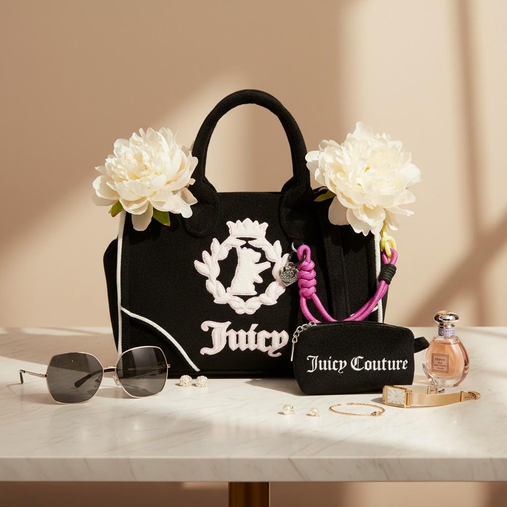 Juicy Couture Black Iris Scottie Towelling Tote Bag, Embroidered Logo Handbag, Pink Detail