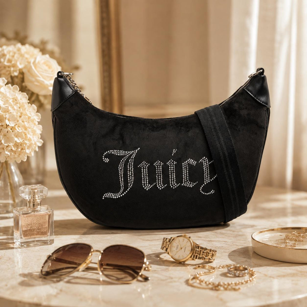Juicy Couture Black Hobo Shoulder Bag, Rhinestone Embellished Velour Handbag, Slouchy Crescent Bag, Women Gift