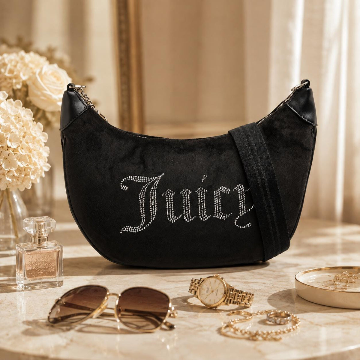 Juicy Couture Black Hobo Shoulder Bag, Rhinestone Embellished Velour Handbag, Slouchy Crescent Bag, Women Gift
