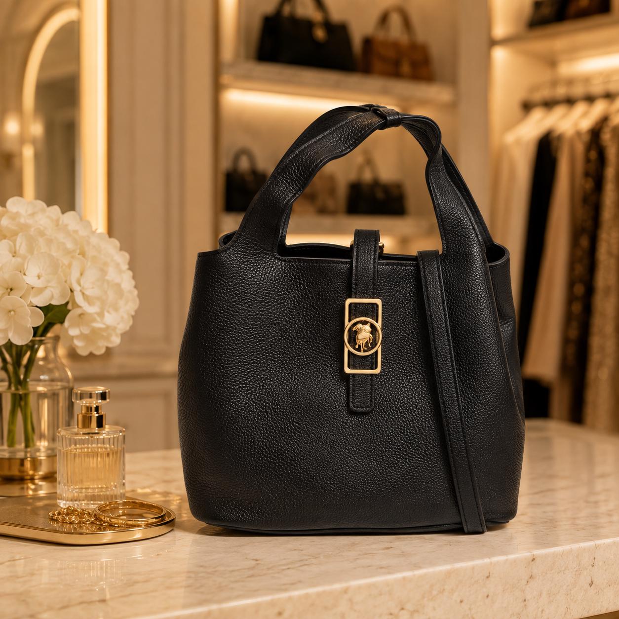 US Polo Assn Black Bucket Bag, Womens Pebbled Handbag, Shoulder Crossbody Bag, Gold Logo Tote, Everyday Designer Style Gift for Her