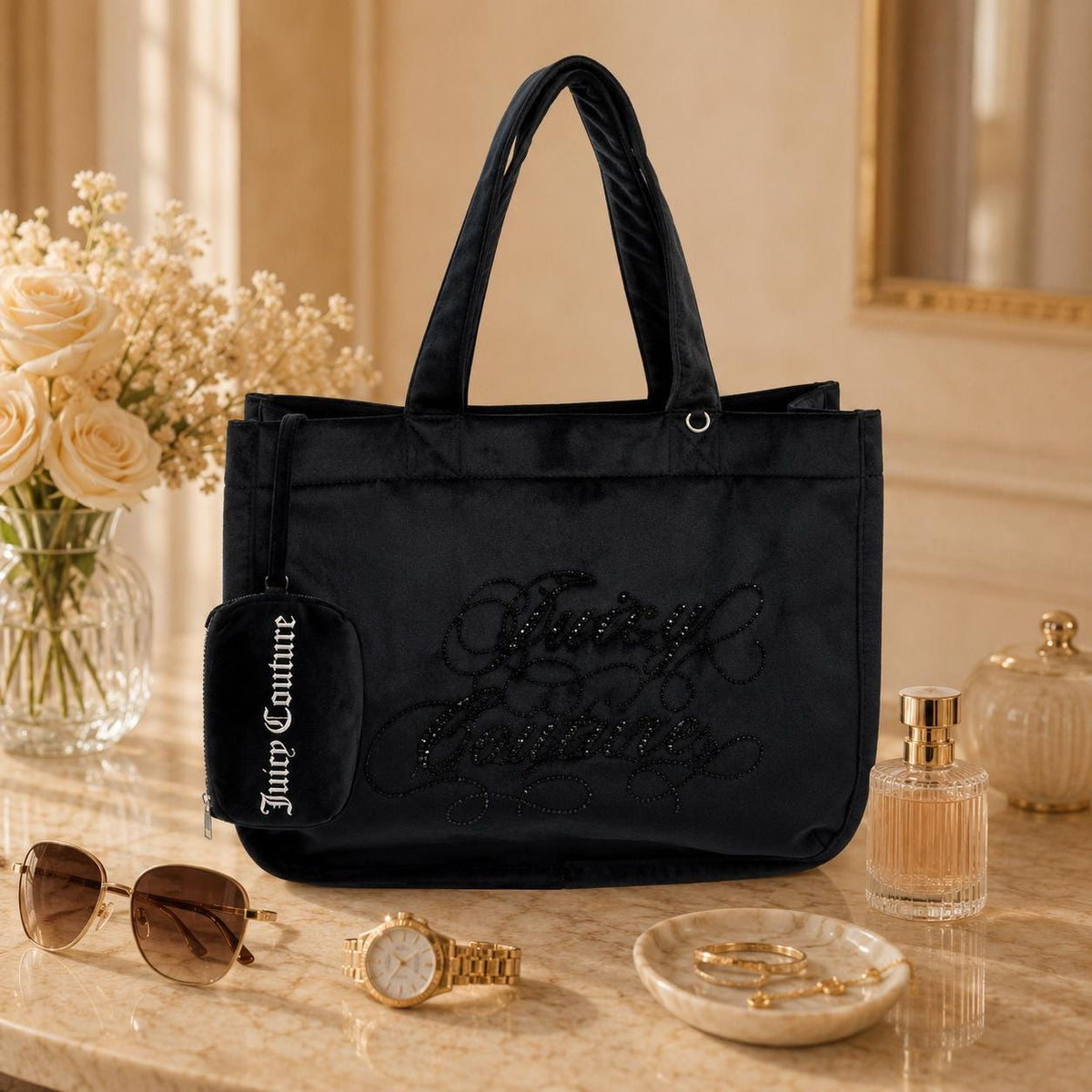 Juicy Couture Black Frida Rhinestone Tote Bag With Wallet, Velour Shoulder Bag, Embroidered Logo Handbag, Women’s Designer Bag