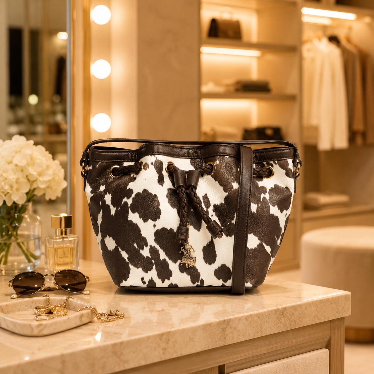 US Polo Assn Cow Print Bucket Bag, Brown & Cream Crossbody Handbag, Drawstring Shoulder Bag, Gold Hardware, Gift for Her