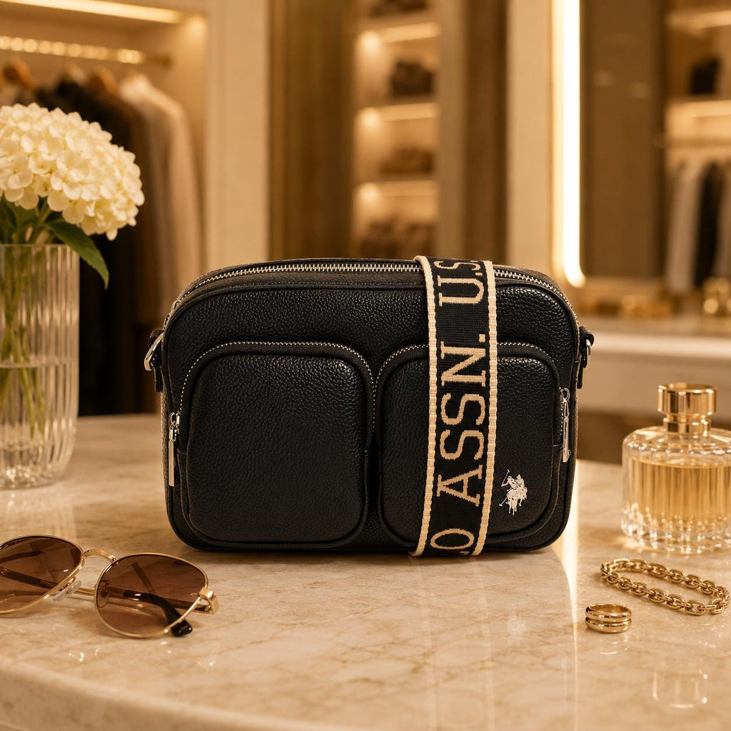 U.S. Polo Assn Black Crossbody Bag, Womens Camera Bag, Multi Pocket Shoulder Bag, Adjustable Logo Strap, Everyday Travel Purse