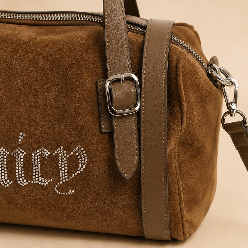 Juicy Couture Brown Velour Handbag, Rhinestone Shoulder Bag, Embellished Grab Bag, Adjustable Strap Purse, Gift for Her