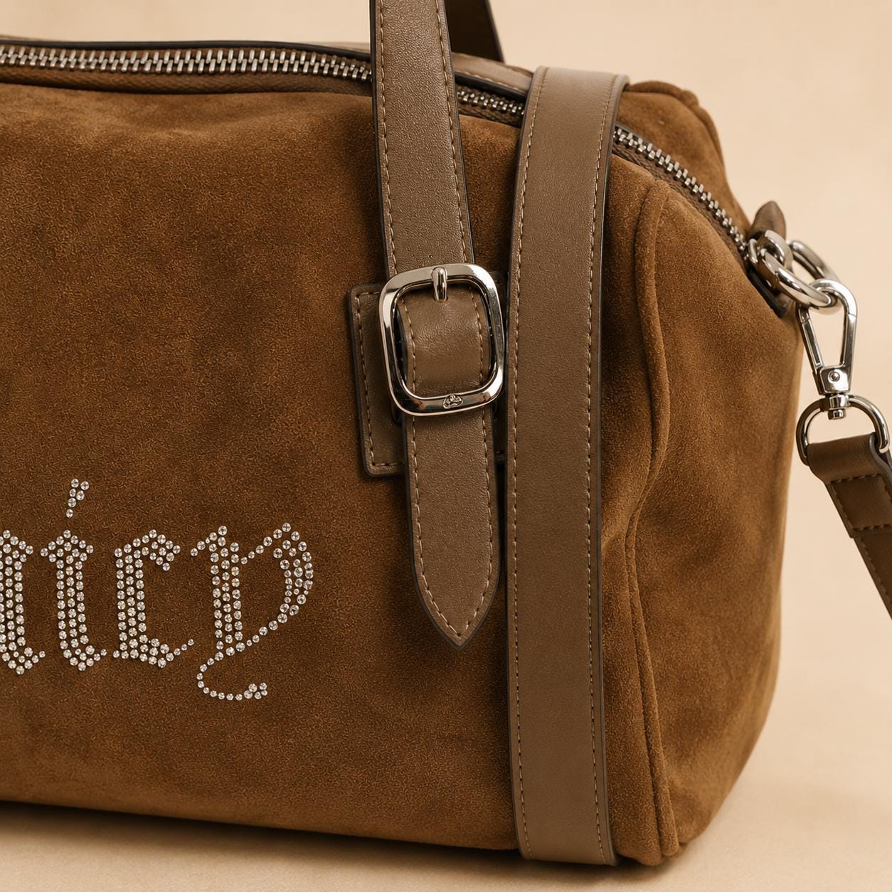 Juicy Couture Brown Velour Handbag, Rhinestone Shoulder Bag, Embellished Grab Bag, Adjustable Strap Purse, Gift for Her