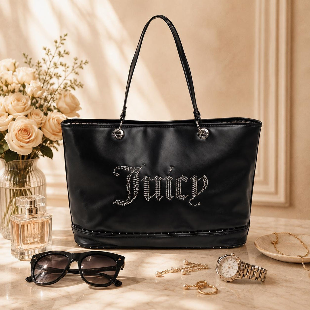 Juicy Couture Black Kimberly Tote Bag, Studded Logo Shoulder Bag, Silver Hardware Large Designer Style Handbag, Gift for Her