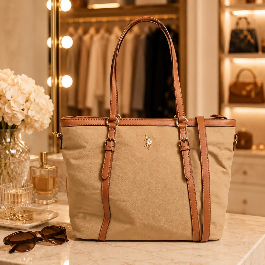 U.S. Polo Assn. Beige Tote Bag, Large Womens Shopping Bag, Nylon Shoulder Handbag, Adjustable Strap Work Bag, Gift for Her