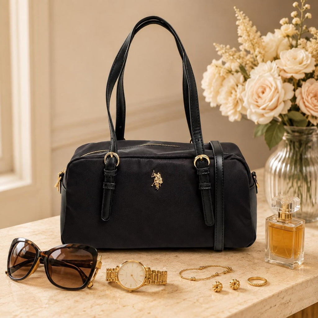 U.S. Polo Assn. Black Houston Bowling Bag, Nylon Shoulder Handbag, Gold Logo Grab Bag, Adjustable Strap, Gift for Her