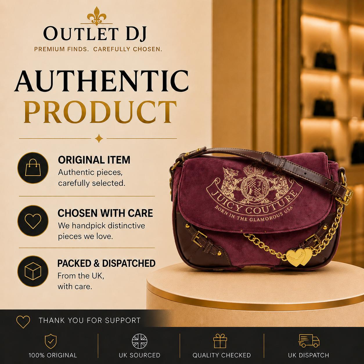 Juicy Couture Burgundy Velour Crossbody Bag, Gold Heart Charm Saddle Shoulder Bag, Dusty Rose Designer Handbag