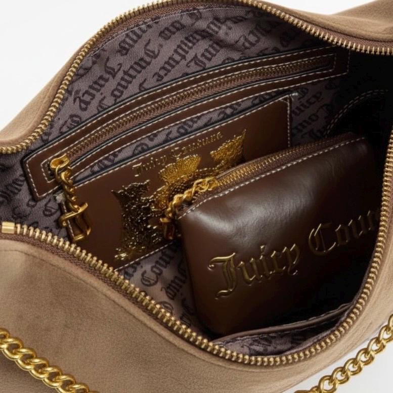 Juicy Couture Brown Hobo Shoulder Bag, Y2K Vintage Inspired Handbag, Gold Heart Charm, 2000s Aesthetic Purse