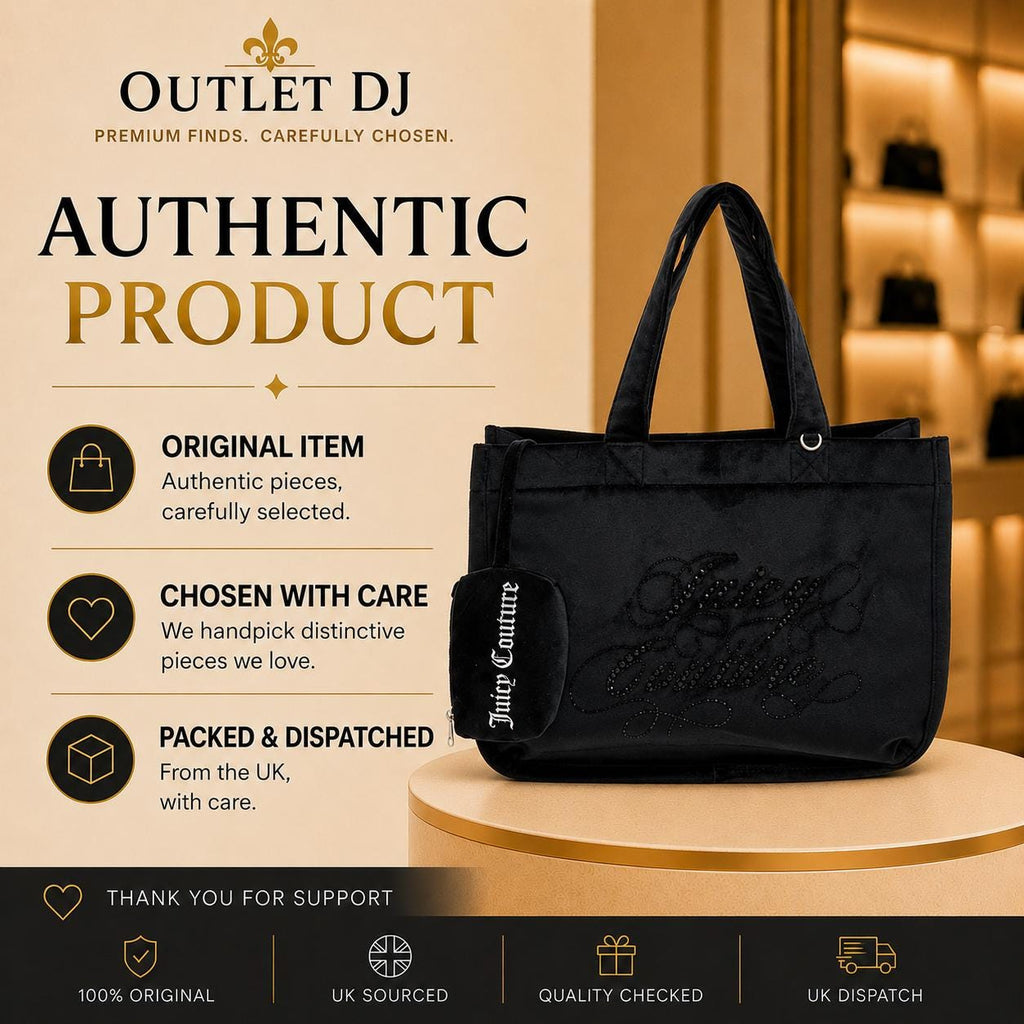 Juicy Couture Black Frida Rhinestone Tote Bag With Wallet, Velour Shoulder Bag, Embroidered Logo Handbag, Women’s Designer Bag