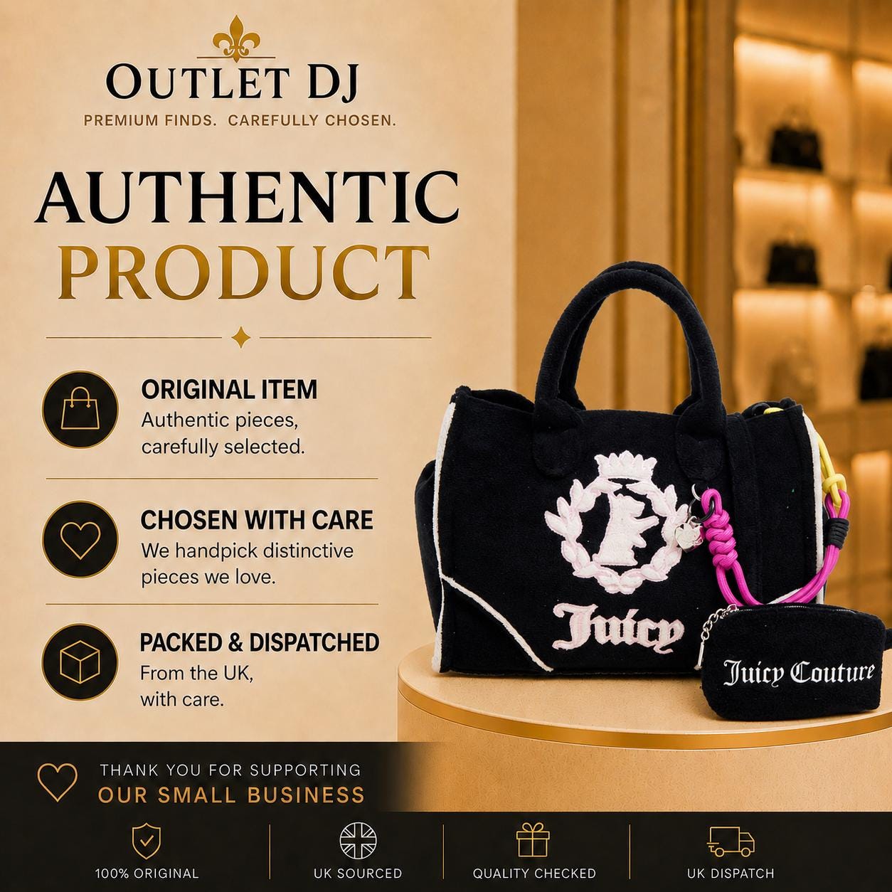 Juicy Couture Black Iris Scottie Towelling Tote Bag, Embroidered Logo Handbag, Pink Detail