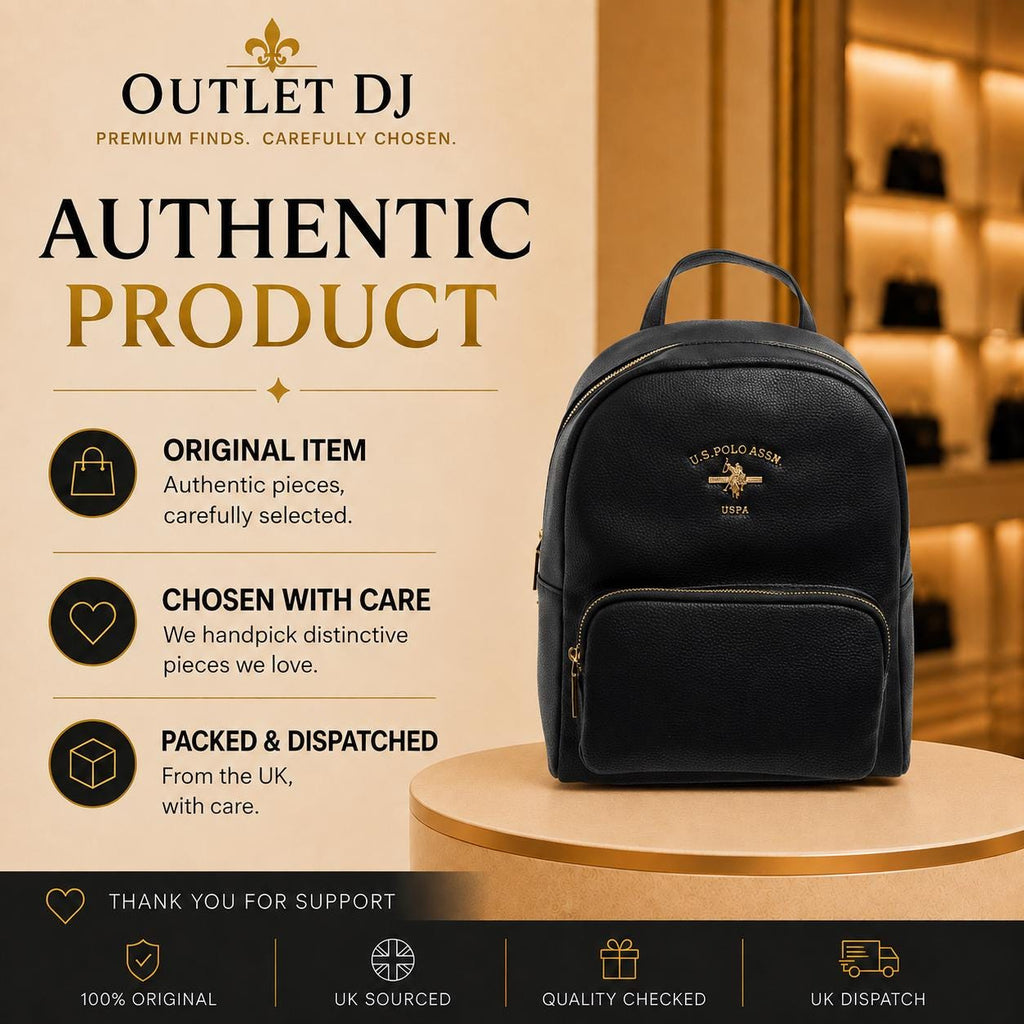 U.S. Polo Assn Black Backpack, Womens Backpack, Gold Hardware Rucksack, Adjustable Shoulder Straps, Everyday Travel Bag