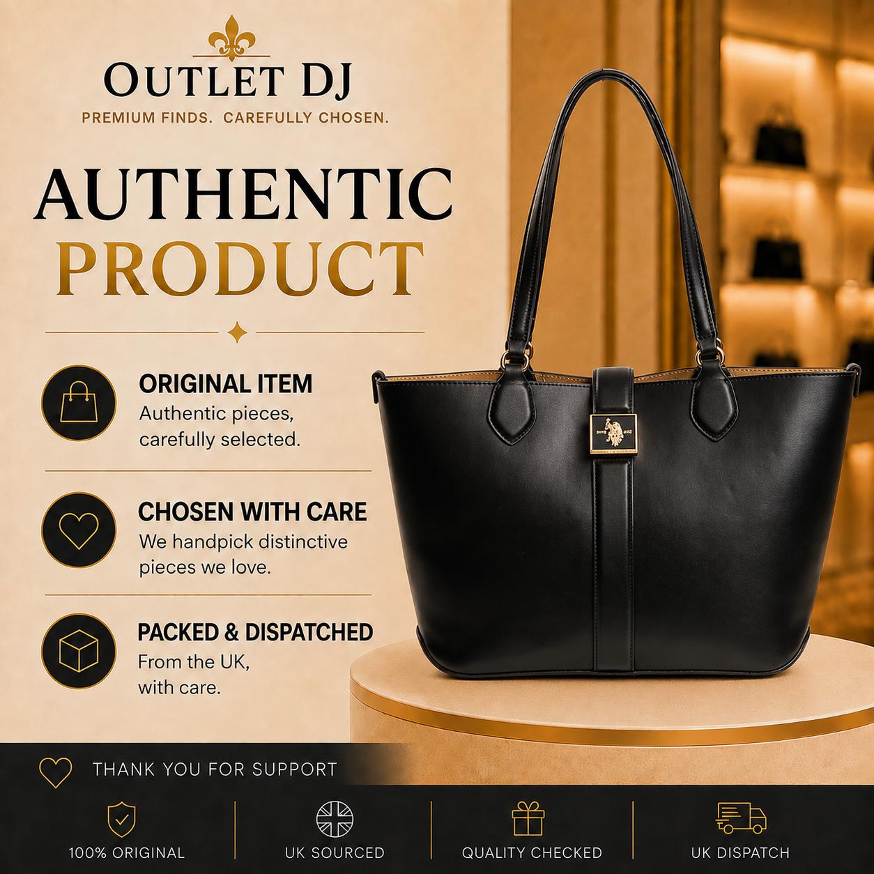 US Polo Assn Black Margaret Tote Bag, Womens Large Shoulder Handbag, Gold Logo Work Shopper Bag with Pouch, Gift for Her