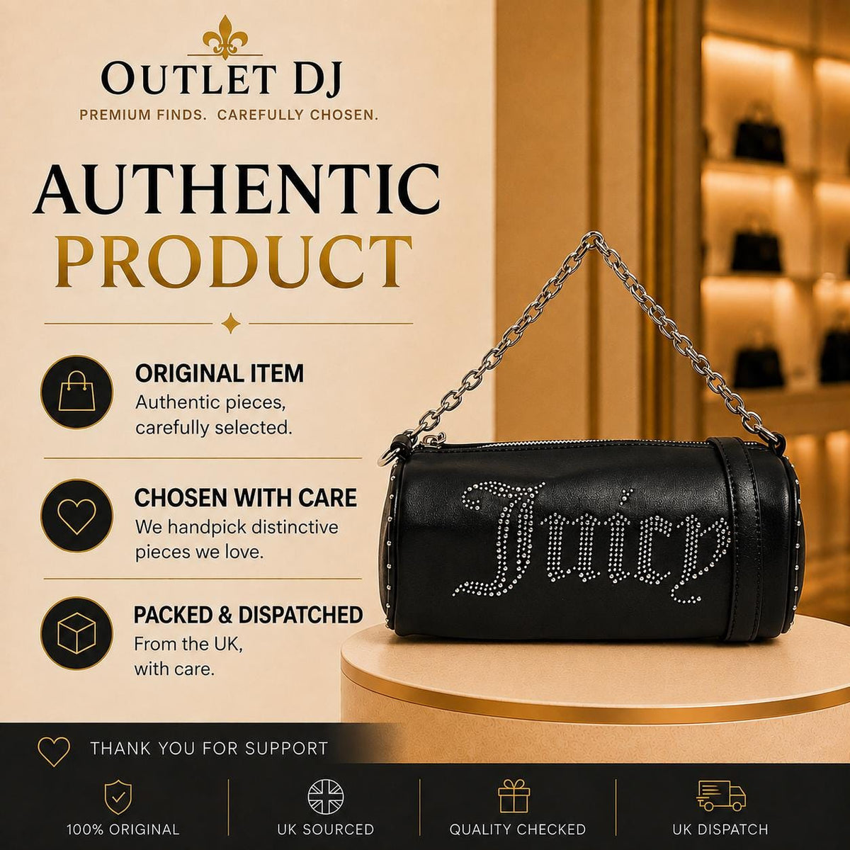 Juicy Couture Black Kimberly Barrel Shoulder Bag, Studded Logo Chain Bag, Silver Hardware, Women’s Designer Handbag