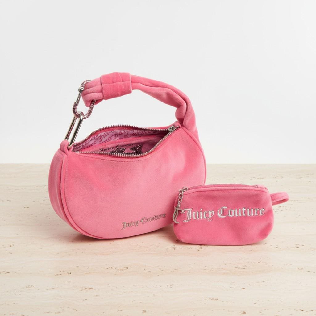 Juicy Couture Pink Blossom Shoulder Bag, Pink Velour Handbag, Womens Purse, Detachable Strap, Birthday Gift for Her