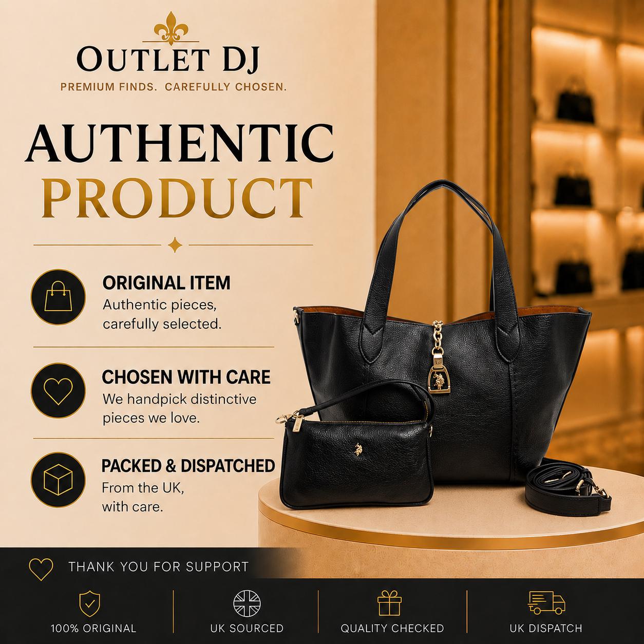 US Polo Assn Black Helcho Tote Bag with Pouch, Womens Pebbled Shoulder Handbag, Gold Hardware Large Shopper, Gift for Her