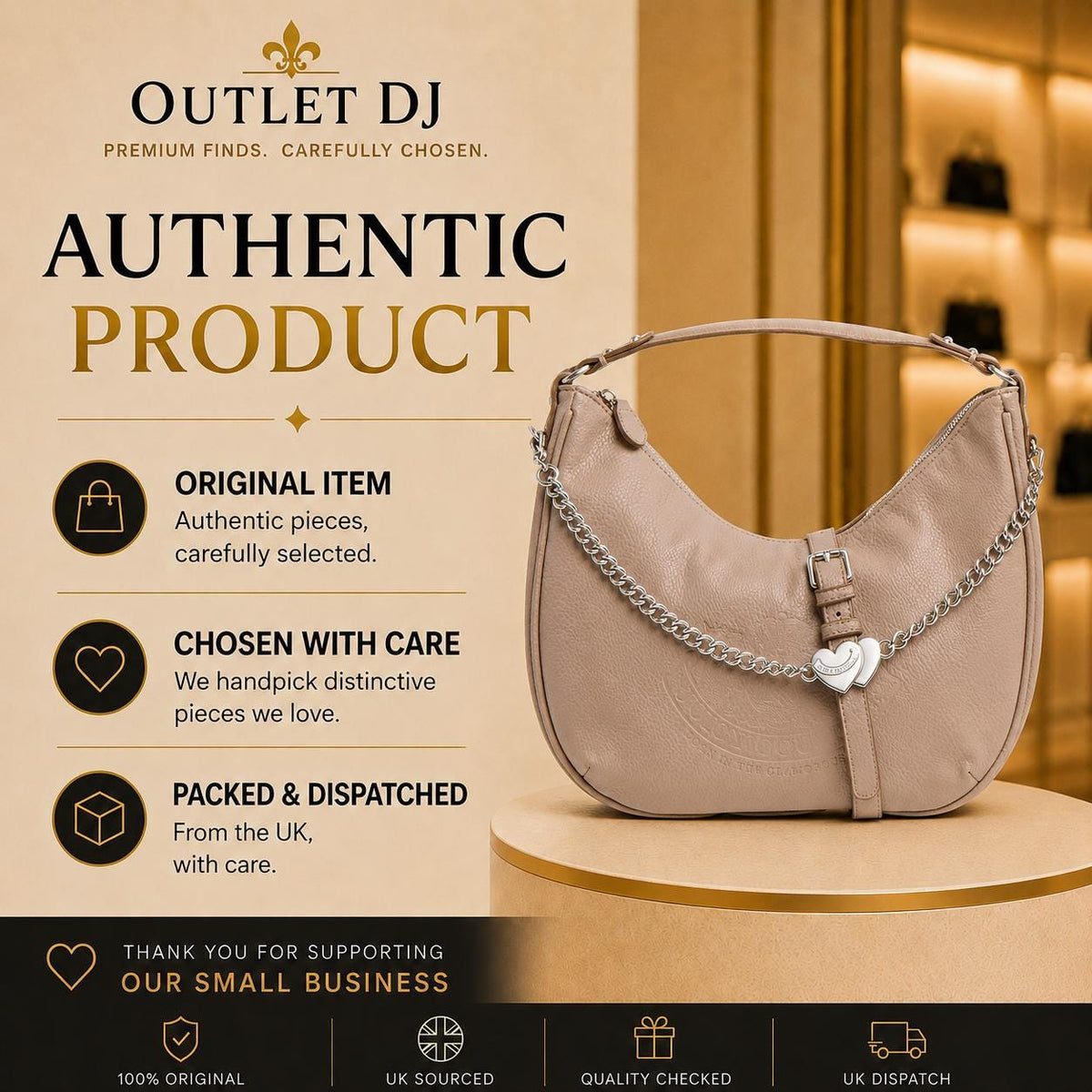 Juicy Couture Taupe Hobo Shoulder Bag, Faux Leather Handbag, Silver Heart Chain Charm Purse, Everyday Bag, Gift for Her