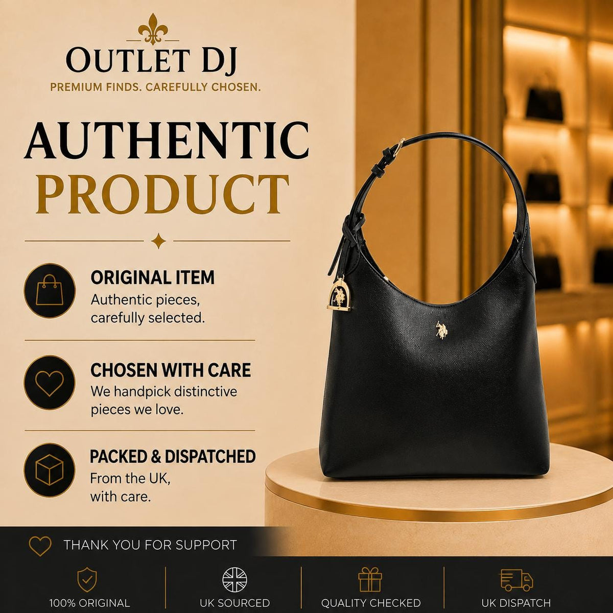 US Polo Assn Black Jones Hobo Shoulder Bag | Women’s Black Handbag | Gold Logo Top Handle Bag | Everyday Designer Style Gift