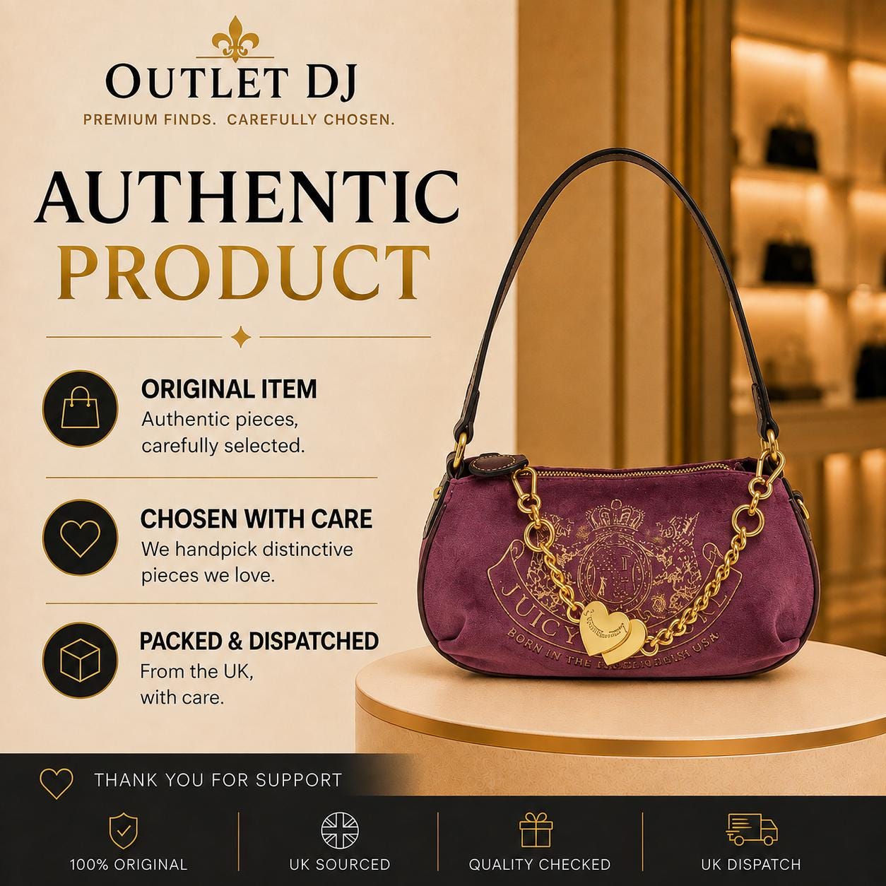 Juicy Couture Purple Velour Shoulder Bag, Gold Chain Heart Charm Crossbody Handbag, Detachable Strap, Women’s Designer Bag