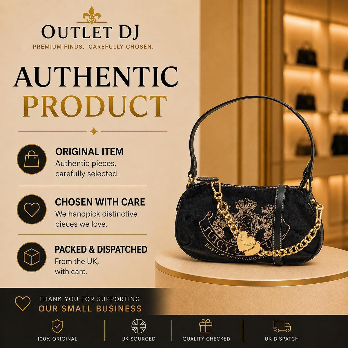 Juicy Couture Black Shoulder Bag, Gold Chain Crossbody Bag, Heart Charm Handbag, Embossed Crest Purse, Gift for Her