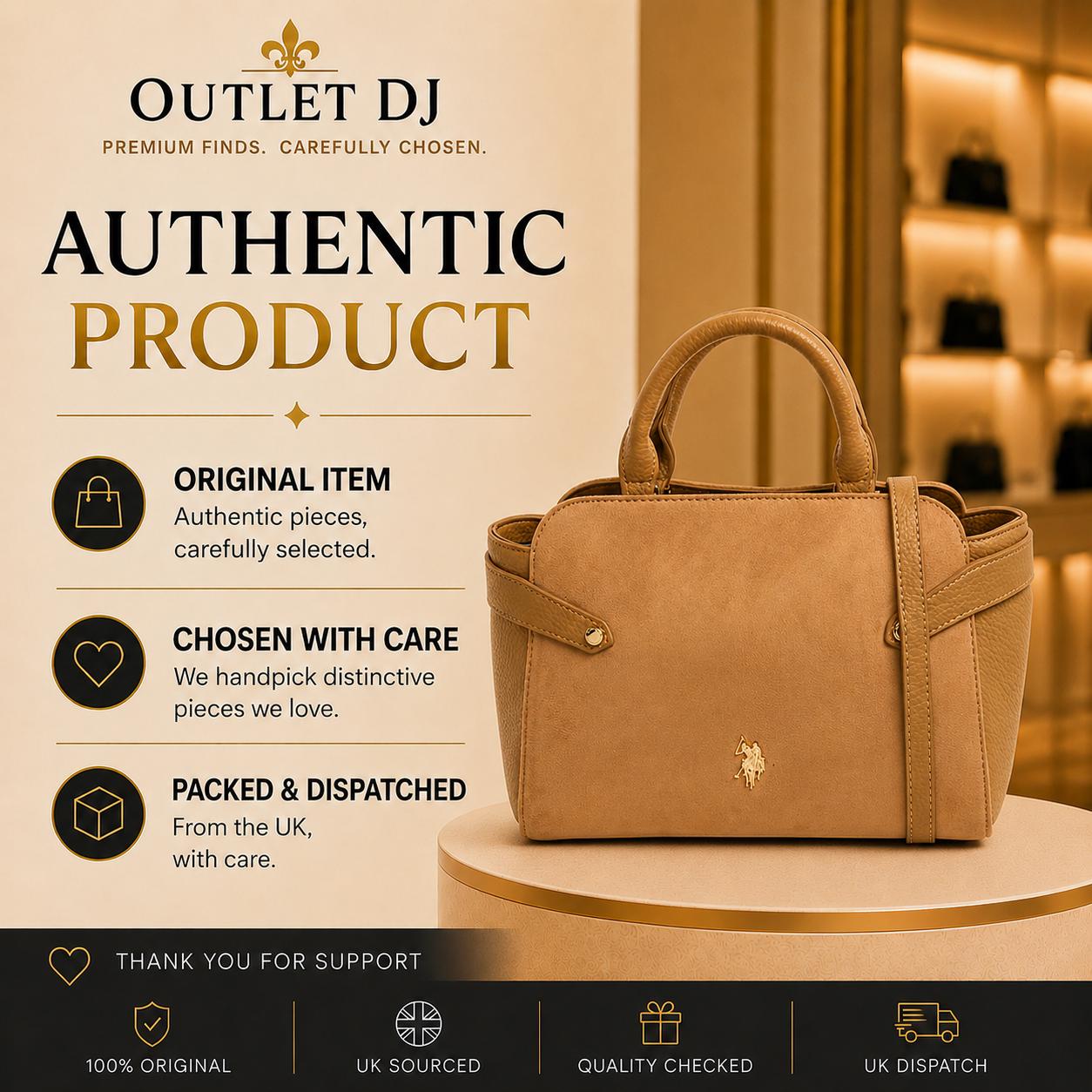 U.S. Polo Assn. Tan Grab Bag, Camel Shoulder Handbag, Suede Look Top Handle Bag, Crossbody Purse, Gold Logo Bag, Gift for Her