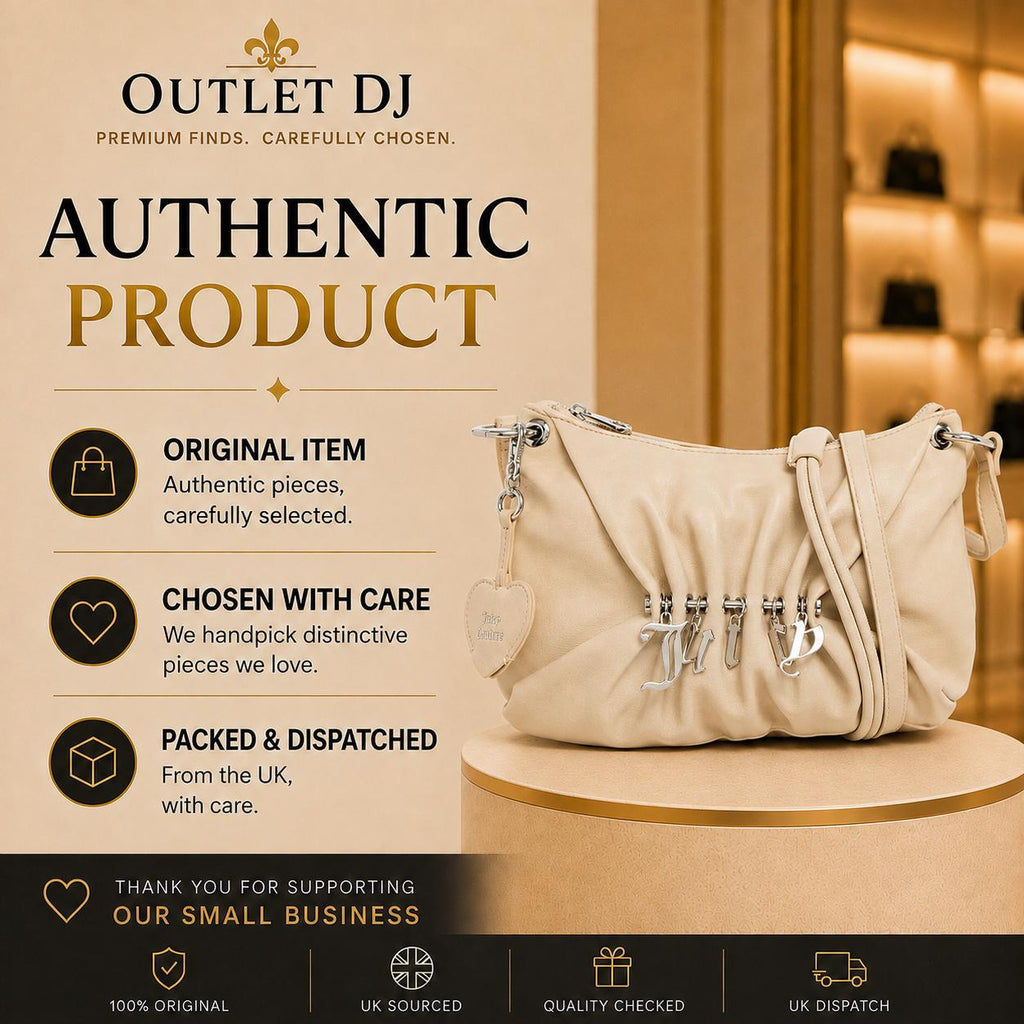 Juicy Couture Marshmallow Jade Shoulder Bag, Cream Ruched Handbag, Silver Charm Logo Purse, Women’s Designer Shoulder Bag
