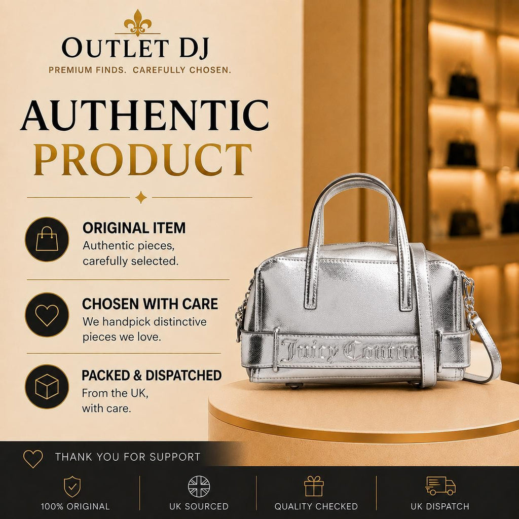Juicy Couture Silver Jasmine Reflection Handbag, Metallic Silver Mini Tote Bag, Crossbody Shoulder Bag, Designer Style Gift for Her