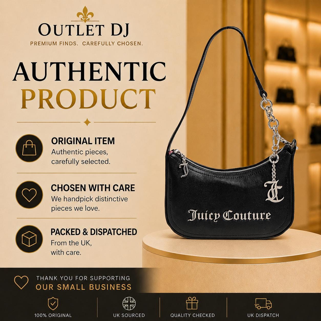 Juicy Couture Black Jasmine Shoulder Bag, Silver Chain Charm Handbag, Logo Zip Purse, Women’s Designer Bag, Gift for Her