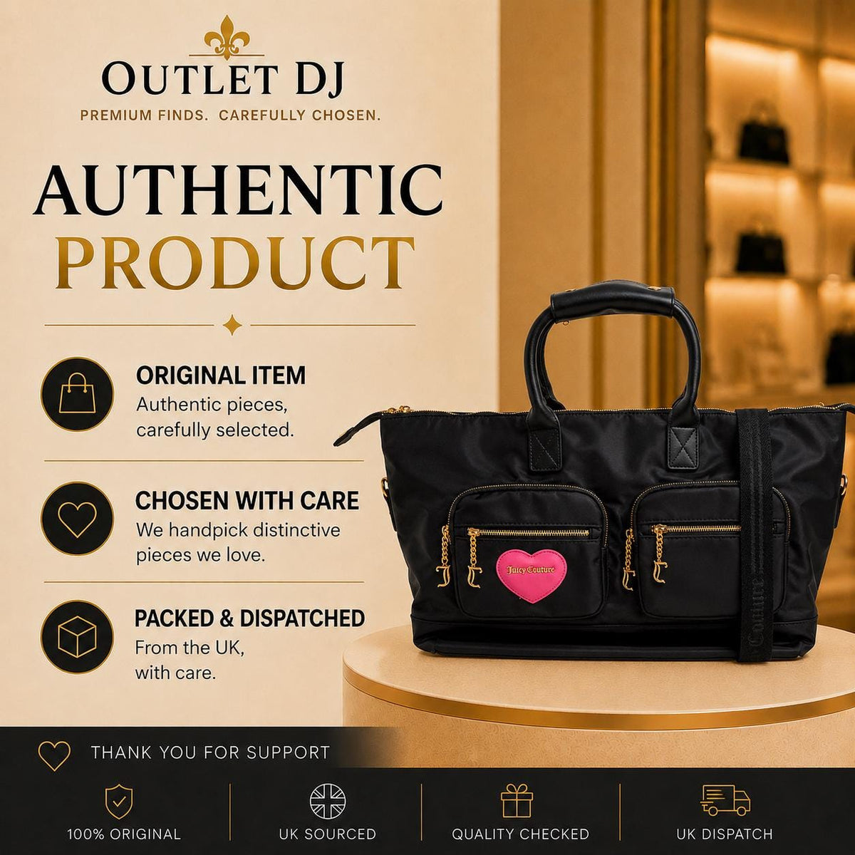 Juicy Couture Black Heart Weekend Bag, Large Black Travel Bag, Pink Heart Logo, Gold Tone Hardware, Shoulder Holdall