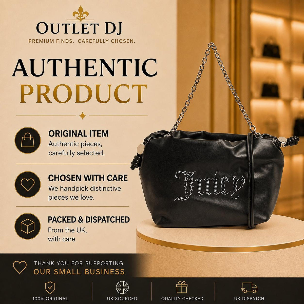 Juicy Couture Black Satchel Bag with Wallet, Silver Chain Shoulder Bag, Studded Logo Handbag, Women’s Designer Purse