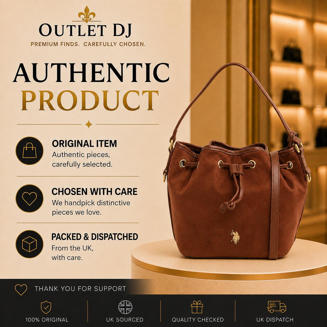 U.S. Polo Assn. Brown Bucket Bag, Suede Look Shoulder Bag, Drawstring Handbag, Gold Logo Purse, Womens Everyday Bag, Gift for Her
