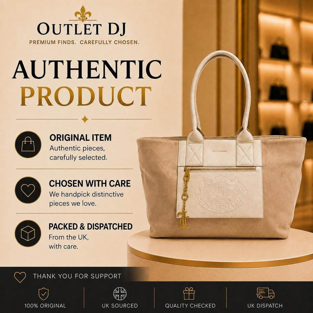 Juicy Couture Beige Tote Bag, Cream Shoulder Bag with Matching Pouch, Gold Charm Large Handbag, Designer Gift for Her