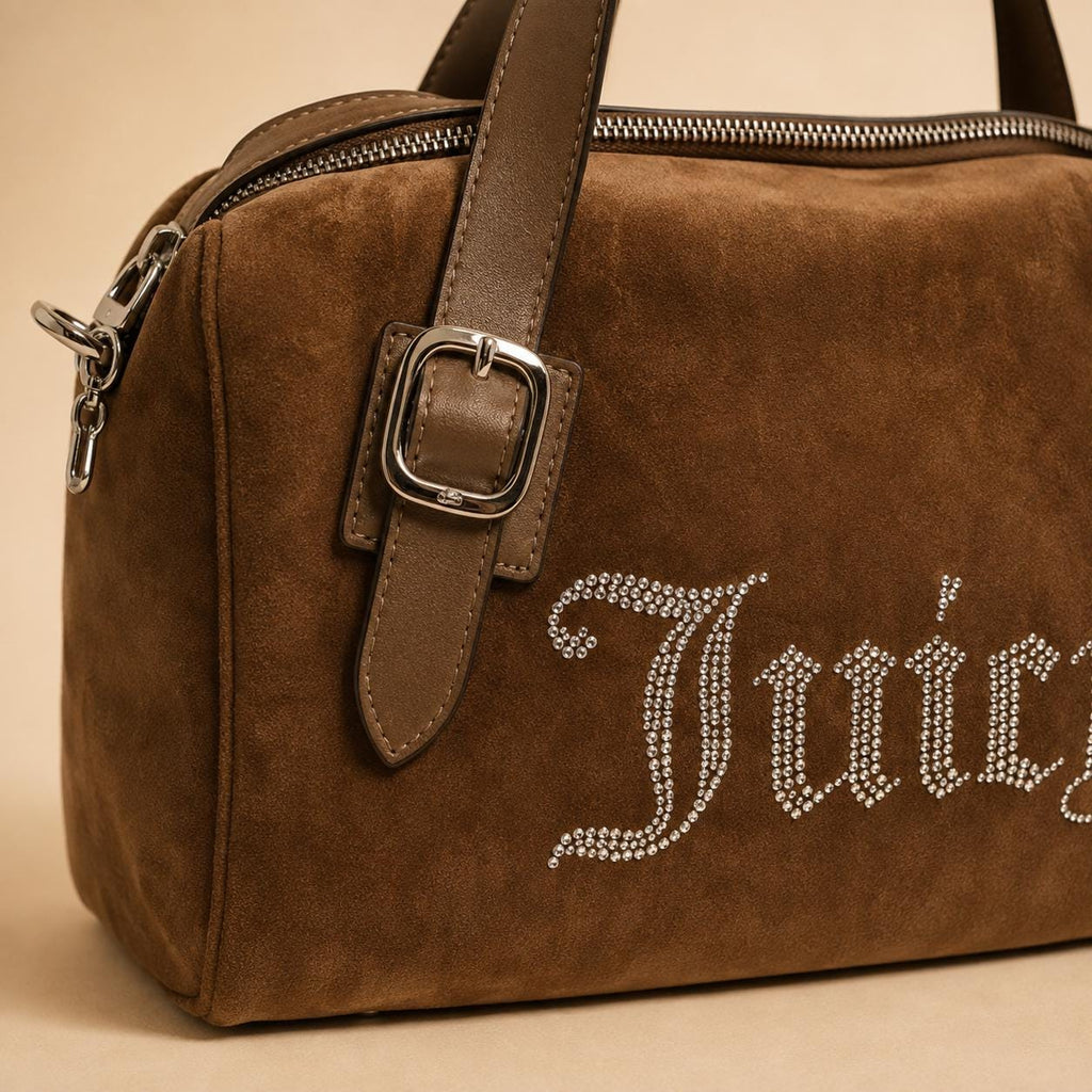 Juicy Couture Brown Velour Handbag, Rhinestone Shoulder Bag, Embellished Grab Bag, Adjustable Strap Purse, Gift for Her