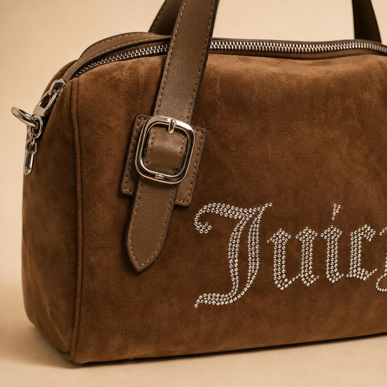 Juicy Couture Brown Velour Handbag, Rhinestone Shoulder Bag, Embellished Grab Bag, Adjustable Strap Purse, Gift for Her