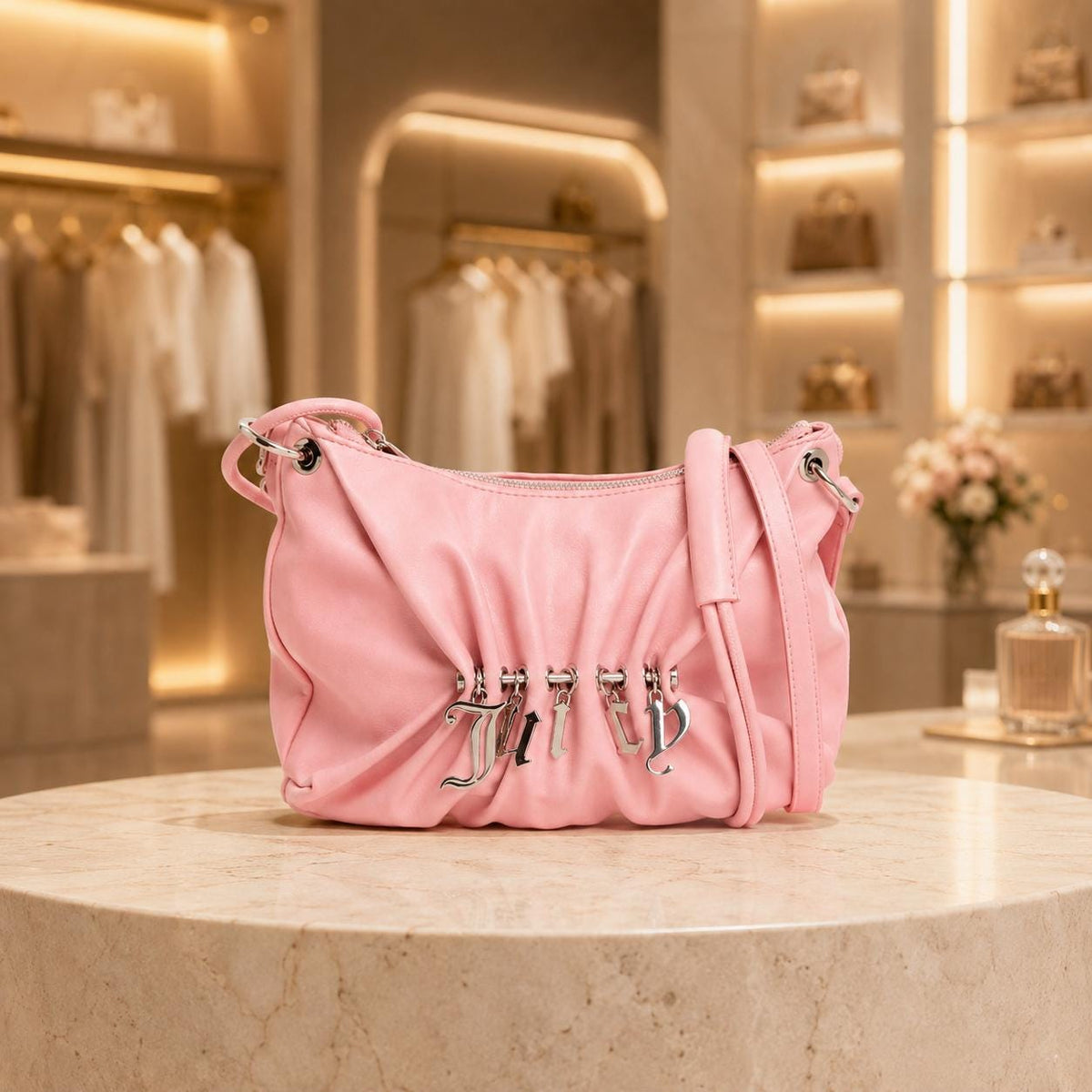 Juicy Couture Pink Shoulder Bag, Jade Small Hobo Bag, Silver Logo Charm Handbag, Pink Crossbody Bag, Gift for Her