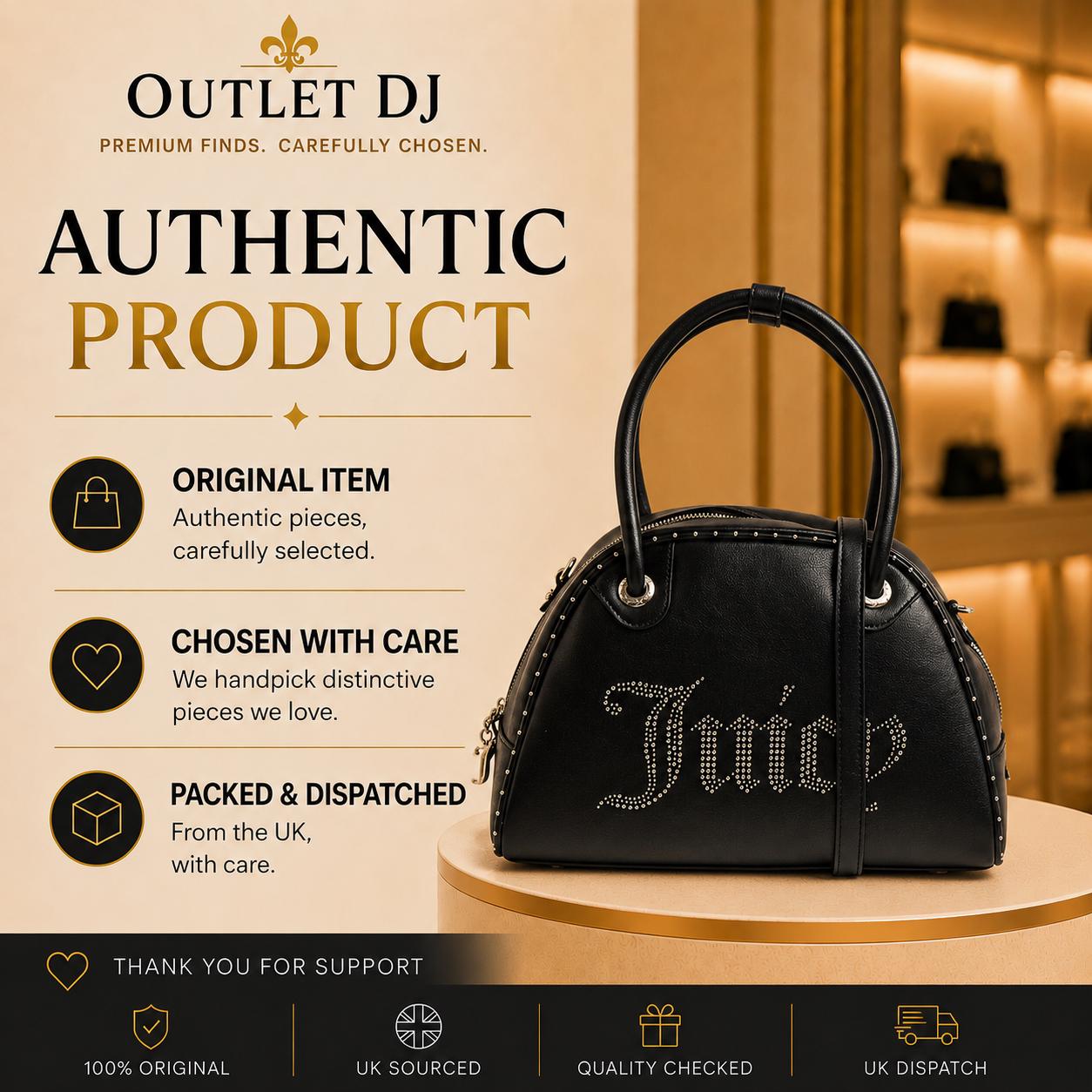 Juicy Couture Black Kimberly Bowling Bag, Studded Logo Handbag, Black Shoulder Bag, Silver Hardware Designer Bag
