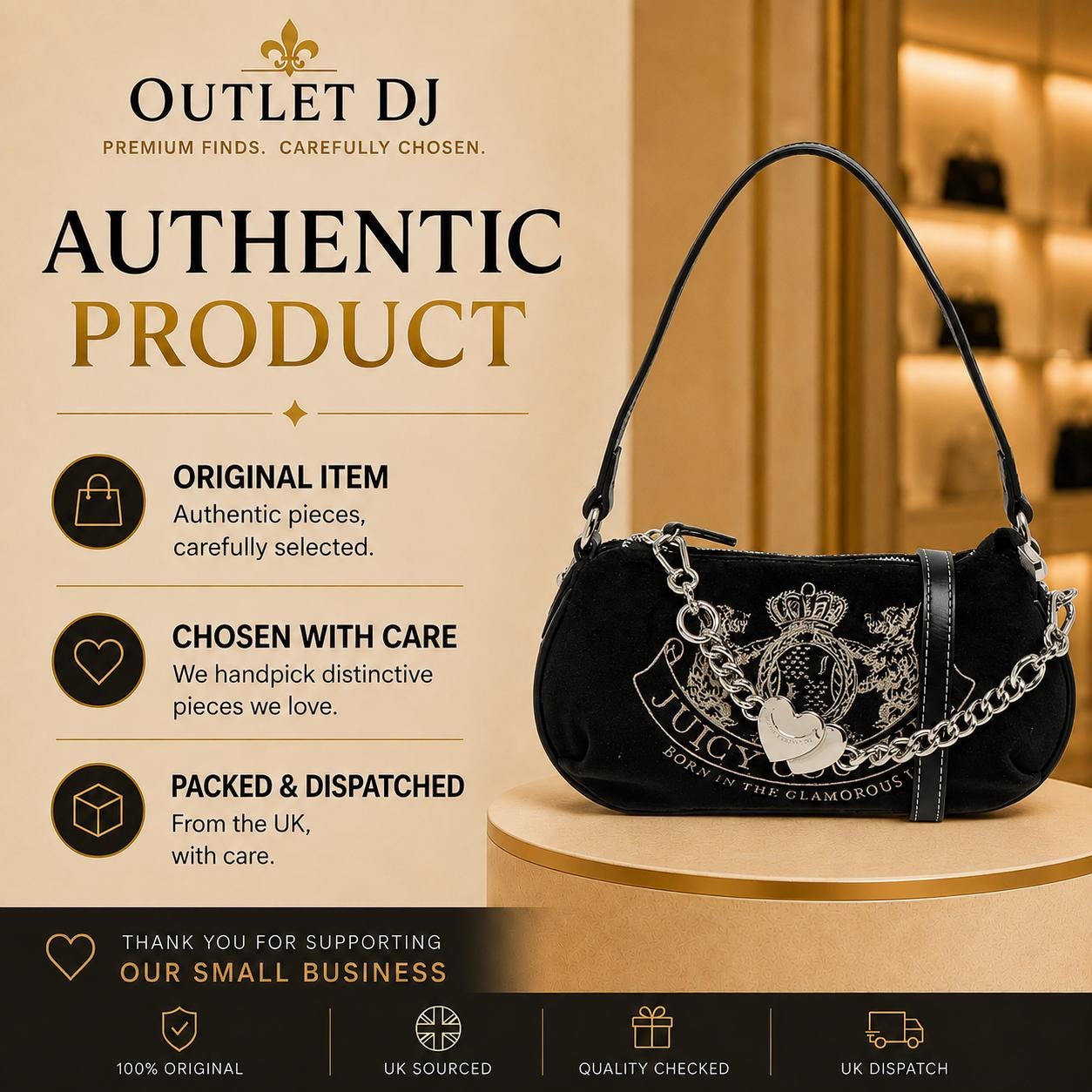 Juicy Couture Black Shoulder Bag, Silver Chain Crossbody Bag, Heart Charm Handbag, Embossed Crest Purse, Gift for Her