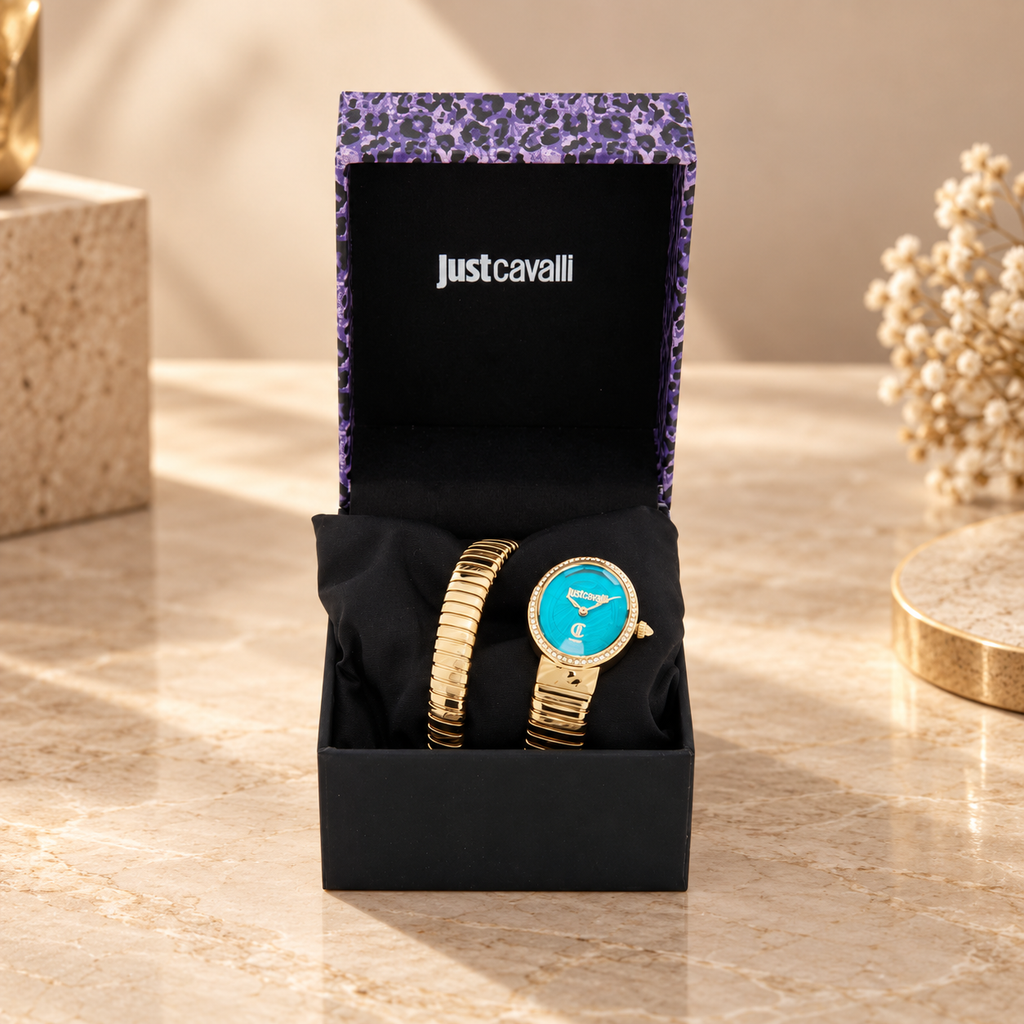 Just Cavalli Snake Wrap Watch, Gold Tone Turquoise Crystal, Womens Gift