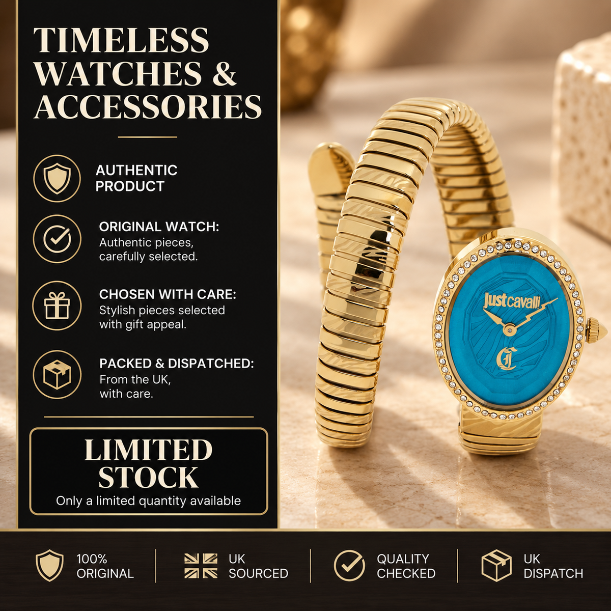 Just Cavalli Snake Wrap Watch, Gold Tone Turquoise Crystal, Womens Gift