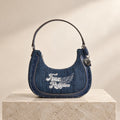 True Religion Blue Denim Shoulder Bag, Embroidered Logo, Chic Everyday Purse