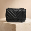 DKNY Black Veronica Chevron Crossbody Bag, Quilted Shoulder Bag, Everyday Purse