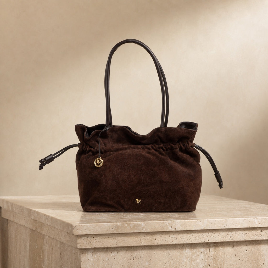 Silviano Brown Suede Shoulder Bag, Chocolate Drawstring Hobo, Everyday Tote