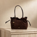 Silviano Brown Suede Shoulder Bag, Chocolate Drawstring Hobo, Everyday Tote