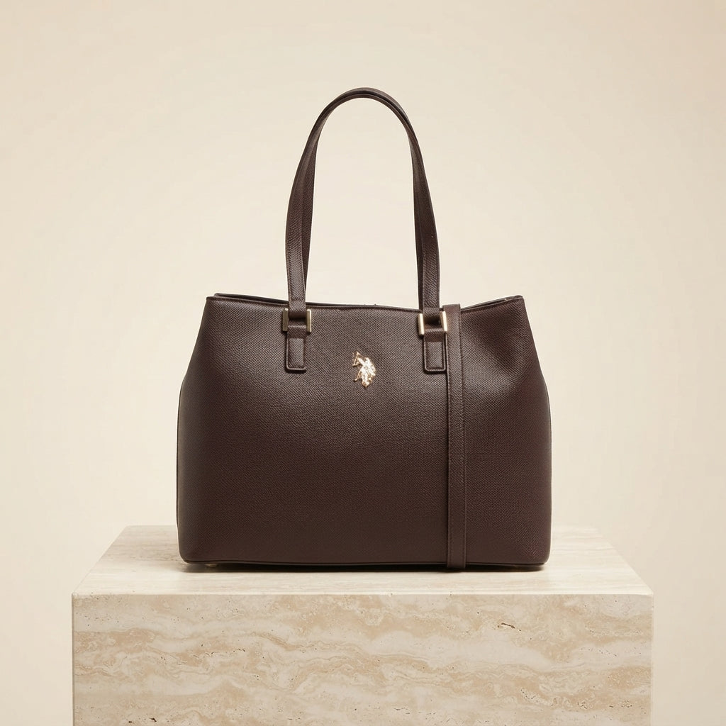 US Polo Assn Dark Brown Jones Tote Bag, Structured Everyday Work Handbag